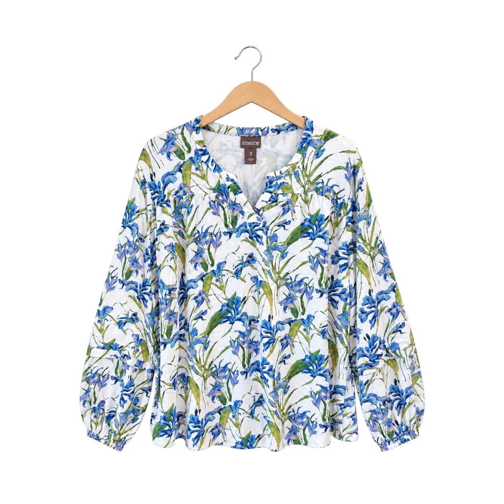 Chico's Blue Floral Blouse XL Cotton Modal Balloon Sleeve Boho Cottagecore